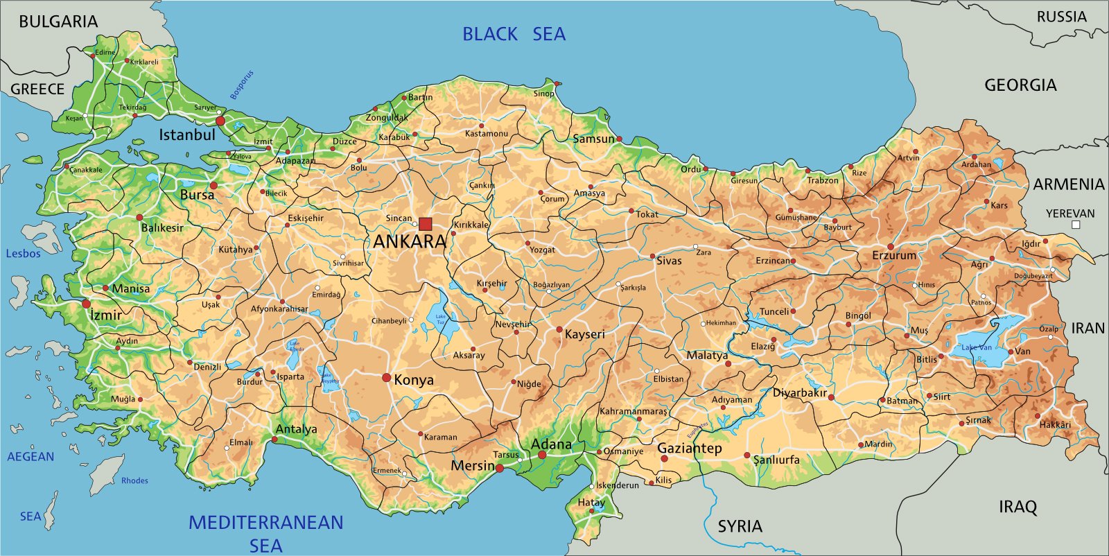Turecko, fyzická mapa – Bardocz Peter / Shutterstock