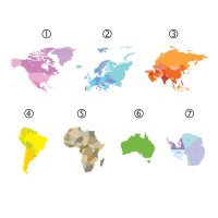 Obrysy kontinentů (1. Severní Amerika, 2. Evropa, 3. Asie, 4. Jižní Amerika, 5. Afrika, 6. Austrálie, 7. Antarktida) – brichuas / Shutterstock