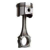 Píst spalovacího motoru – kovová součást přenášející tlaky vznikající při hoření paliva na ojnici a klikový hřídel. Na obrázku je vidět píst s pístními kroužky, otvorem pro pístní čep a připojenou ojnicí, která zajišťuje přenos přímočarého pohybu pístu na rotační pohyb klikové hřídele. Písty se vyrábějí z odolných slitin, aby odolaly vysokým teplotám, tlaku a tření ve spalovacím prostoru. – Oleksandr Grechin / Shutterstock