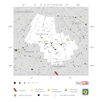Kasiopeja, mapa souhvězdí – International Astronomical Union + Sky & Telescope (CC BY 3.0), česká legenda CoJeCo.cz (CC BY 4.0)