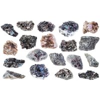 Biotity, vzorky různých druhů (černý, hnědý nebo temně zelený lupenitý nerost) – KrimKate / Shutterstock