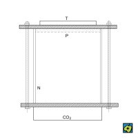 Schéma difúzní mlžné komory: (P) kotouč nasáknutý parami alkoholu, (N) skleněná nádoba, (T) topná deska. Pevný CO<sub>2</sub> nebo kapalné helium ve spodní části zajišťuje trvalý teplotní gradient – CoJeCo.cz (CC BY-SA 4.0)