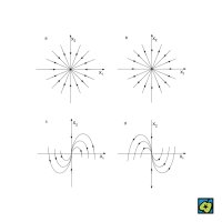 Dikritické uzly znázorněné ve fázovém prostoru: (a) stabilní uzel – všechny trajektorie směřují do bodu rovnováhy, (b) nestabilní uzel – všechny trajektorie vycházejí z bodu rovnováhy, (c) stabilní sedlový uzel – trajektorie se k bodu přibližují podél jedné osy a vzdalují podél druhé, (d) nestabilní sedlový uzel – opačný směr k (c), trajektorie směřují ven z bodu podél jedné osy a přibližují se po druhé – CoJeCo.cz (CC BY-SA 4.0)