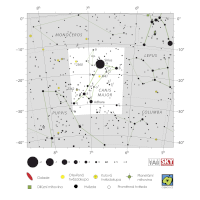 Velký pes, mapa souhvězdí – International Astronomical Union + Sky & Telescope (CC BY 3.0), česká legenda CoJeCo.cz (CC BY 4.0)