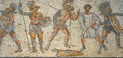 Souboj gladiátorů v aréně, starověká mozaika – volné dílo