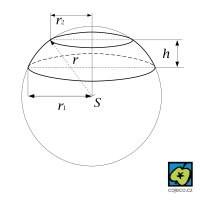 Kulová vrstva: r<sub>1</sub>, r<sub>2</sub> poloměry kruhových podstav, h výška kulové vrstvy, r poloměr koule – CoJeCo.cz (CC BY-SA 4.0)