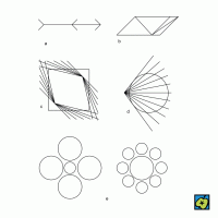 Zrakové klamy: (a) Müllerova-Lyerova figura, (b) Sanderova figura, (c) klam zkreslení čtverce, (d) klam zkreslení kružnice, (e) Ebbinghausova iluze – CoJeCo.cz (CC BY-SA 4.0)