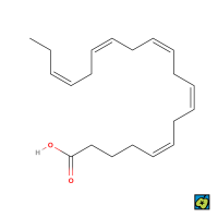 EPA, kyselina eikosapentaenová, strukturní 2D vzorec. Polynenasycená mastná kyselina ze skupiny omega-3 s 20 uhlíky a pěti dvojnými vazbami (20:5, n-3). Přirozeně se vyskytuje v rybím tuku a mořských řasách, působí příznivě na kardiovaskulární systém a má protizánětlivé účinky. Často se užívá spolu s DHA jako doplněk stravy – CoJeCo.cz (CC BY-SA 4.0)