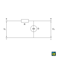 Stabilizátor napětí s doutnavkou: U<sub>1</sub> nestabilizované napětí, U<sub>2</sub> stabilizované napětí, R ochranný odpor, D doutnavka – CoJeCo.cz (CC BY-SA 4.0)