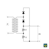 Zdvojovač napětí: vlevo na primárním vinutí transformátoru napětí U – CoJeCo.cz (CC BY-SA 4.0)