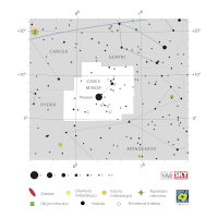 Malý pes, mapa souhvězdí – International Astronomical Union + Sky & Telescope (CC BY 3.0), česká legenda CoJeCo.cz (CC BY 4.0)
