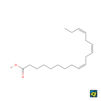 Kyselina α-linolenová, strukturní 2D vzorec – charakteristická omega-3 mastná kyselina se třemi dvojnými vazbami v uhlíkovém řetězci, první od třetího uhlíku na methylovém konci. – CoJeCo.cz (CC BY-SA 4.0)
