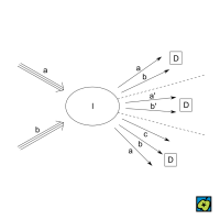 Rozptyl částic: Schéma rozptylu částic: a+b → a+b (pružný rozptyl), a+b → a'+b' nebo a+b → a+b+c (nepružný rozptyl); a, b, c svazky částic, D detektory, I oblast interakce – CoJeCo.cz (CC BY-SA 4.0)