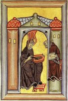 Svatá Hildegarda z Bingenu dostává božskou inspiraci a předává ji do své knihy, miniatura z knihy Scivias – volné dílo