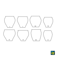 Keramické tvary pražského typu: základní keramické tvary pražského typu – (I) vázovité, (II) baňaté, (III) s vejčitým tělem, (IV) se zaobleně dvojkónickým tělem, (V) soudkovité – CoJeCo.cz (CC BY-SA 4.0)