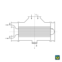 Povrchový kondenzátor: (1) pára, (2) chladicí látka, (3) kondenzátor – CoJeCo.cz (CC BY-SA 4.0)