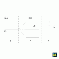 Jaderná rezonance: oblast I – základní energie jádra, oblast II – rozštěpení energetických stavů v poli B, oblast III – rezonanční přechod: dodaná energie ΔE = hν – CoJeCo.cz (CC BY-SA 4.0)