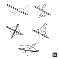Dálniční křižovatka: (a) trubkovitá, (b) osmičková, (c) čtyřlístková, (d) deltovitá, (e) individuální – CoJeCo.cz (CC BY-SA 4.0)