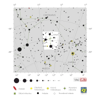 Jižní kříž, mapa souhvězdí – International Astronomical Union + Sky & Telescope (CC BY 3.0), česká legenda CoJeCo.cz (CC BY 4.0)