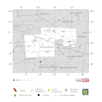 Vodnář, mapa souhvězdí – International Astronomical Union + Sky & Telescope (CC BY 3.0), česká legenda CoJeCo.cz (CC BY 4.0)