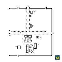 Thamugadi (Timgad, Alžírsko): Plán města postaveného Traianem podle dispozice castra; (1) decumanus, (2) cardo, (3) severní brána, (4) východní brána, (5) fórum, (6) chrám, (7) knihovna, (8) tržiště, (9) divadlo, (10) thermy – CoJeCo.cz (CC BY-SA 4.0)