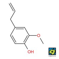 Eugenol, 2-methoxy-4-allylfenol, 2D strukturní vzorec  – CoJeCo.cz (CC BY-SA 4.0)