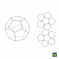 Mnohostěn: (a) pravidelný dvanáctistěn, (b) síť pravidelného dvanáctistěnu (zmenšena) – CoJeCo.cz (CC BY-SA 4.0)