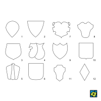 Štít: 1 románský zvaný normanský; 2 gotický; 3 štít z 2. poloviny 14. století; 4 pozdně gotický kolčí štít; 5 pavéza; 6 španělský štít; od 15. století; 7 polský renesanční a barokní štít; 8 italský barokní štít; 9 anglický empírový štít; 10 francouzský klasicistní; 11 italský štít; 12 routový štít – CoJeCo.cz (CC BY-SA 4.0)